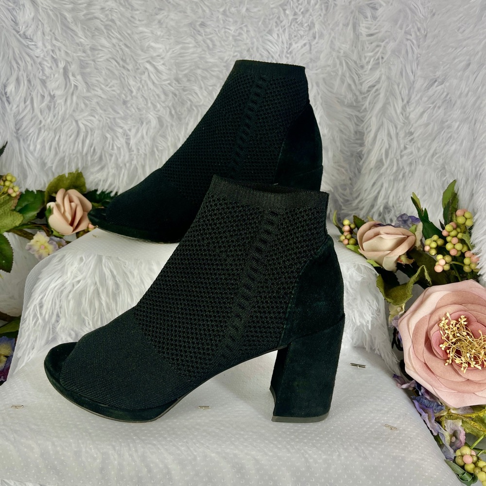 Eileen Fisher Peep Toe Booties Women 7.5 Black Suede Knit Block Heel Ankle Boots